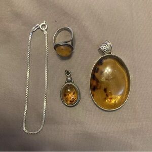 Lot 925 Amber Pendant Ring Chain Size 5 Jewelry Sterling Old Pawn